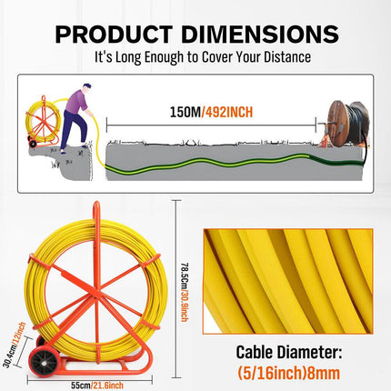 150M×8MM Fish Tape Puller Fiberglass Wire Cable Running Duct Rodder Heavy Duty.