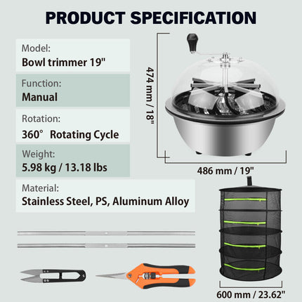 19 inch Bud Leaf Bowl Trimmer Tumble Stainless Steel Blades Twisted Spin Cut.