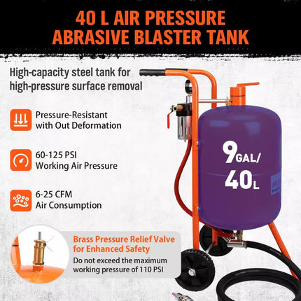 40L Sandblasting Tank Portable Sand Grit Blaster Abrasive Gun Car Trucks.