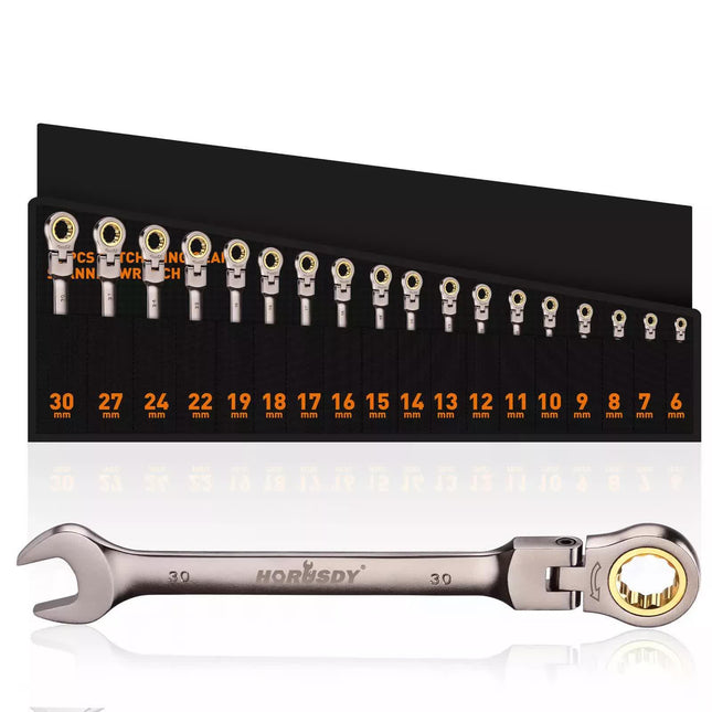 HORUSDY 18Pc Flexi-Head Ratchet Spanner Set Metric 6-30mm Spanners Nickle Plated.