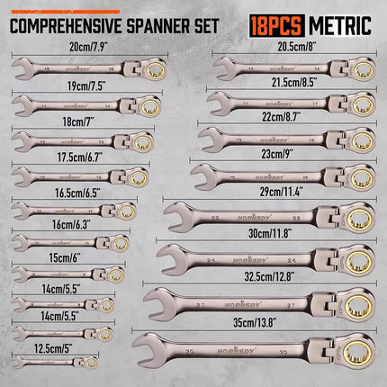 HORUSDY 18Pc Flexi-Head Ratchet Spanner Set Metric 6-30mm Spanners Nickle Plated.