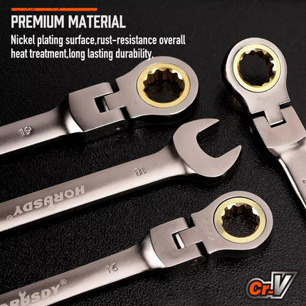 HORUSDY 18Pc Flexi-Head Ratchet Spanner Set Metric 6-30mm Spanners Nickle Plated.