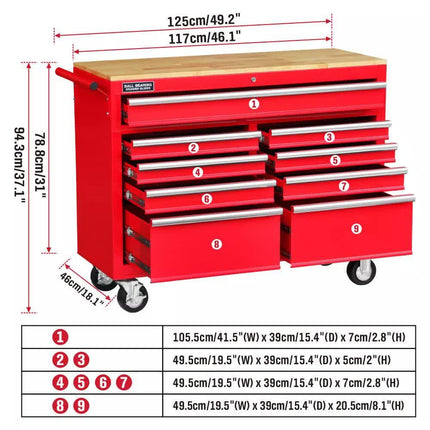 9 Drawers Tool Box Chest Cabinet Trolley Box Garage Storage Toolbox Red 1000lbs.