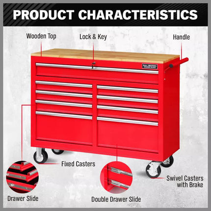 9 Drawers Tool Box Chest Cabinet Trolley Box Garage Storage Toolbox Red 1000lbs.