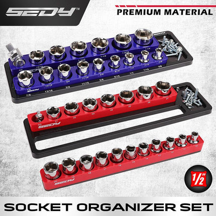 SEDY 2Pc Magnetic Socket Organizer 1/2 Drive Metric SAE Sockets Storage Holder.