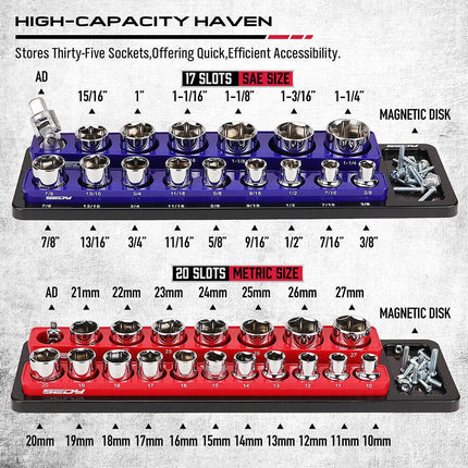 SEDY 2Pc Magnetic Socket Organizer 1/2 Drive Metric SAE Sockets Storage Holder.