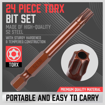 24Pc Torx Bit Set Star Head Screwdriver Bit Long Security Temper Proof T5-T40.