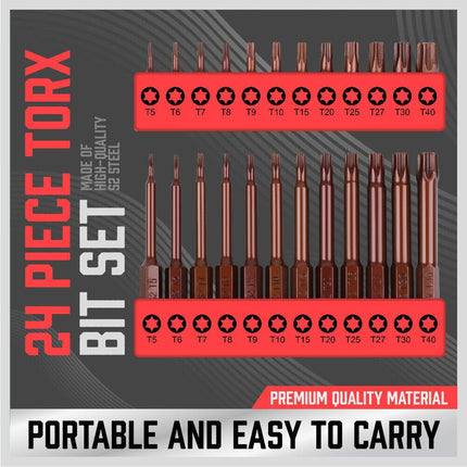 24Pc Torx Bit Set Star Head Screwdriver Bit Long Security Temper Proof T5-T40.