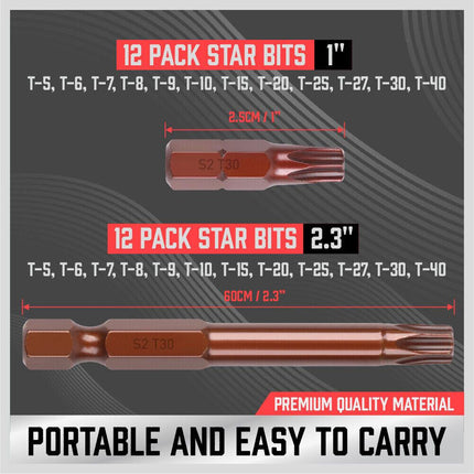 24Pc Torx Bit Set Star Head Screwdriver Bit Long Security Temper Proof T5-T40.