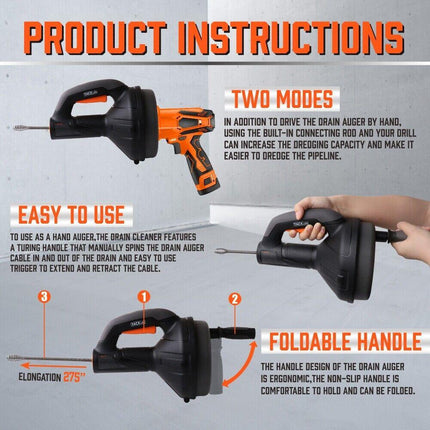 Drain Auger Drain Cleaner Unblocker Auger Sewage Pipe Cleaning Plumbing Tool.