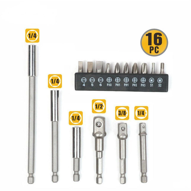 16Pc Socket Bit Adaptor Set Power Drill Nut Driver Extension Screwdriver Bits.