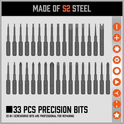 33 PC PRECISION SCREWDRIVER SET BITS PHILIP FLAT SLOTTED TORX HEX ELECTRONIC FIX.