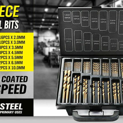 99Pc Drills Set HSS Titanium Coated Wood Plastic Metal Metric 1.5-10mm With Case.