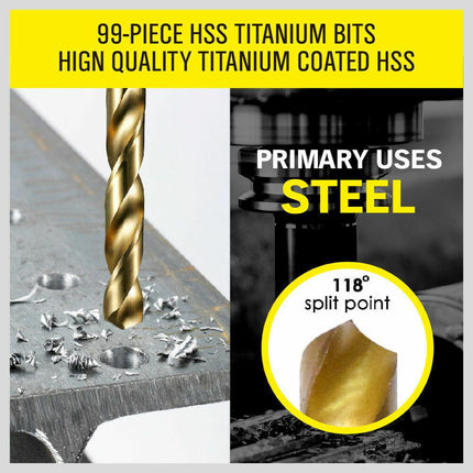 99Pc Drills Set HSS Titanium Coated Wood Plastic Metal Metric 1.5-10mm With Case.