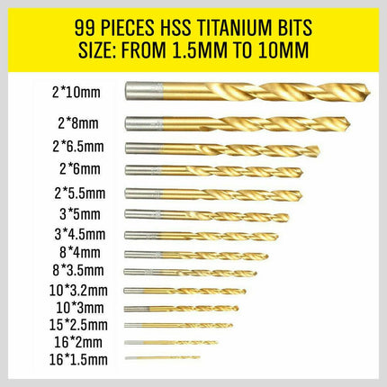 99Pc Drills Set HSS Titanium Coated Wood Plastic Metal Metric 1.5-10mm With Case.