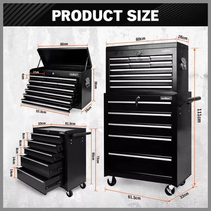 Black15 Drawer Tool Box Trolley Cabinet Storage Cart Garage Toolbox Organiser.