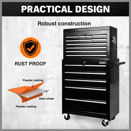 Black15 Drawer Tool Box Trolley Cabinet Storage Cart Garage Toolbox Organiser.