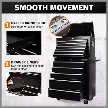 Black15 Drawer Tool Box Trolley Cabinet Storage Cart Garage Toolbox Organiser.