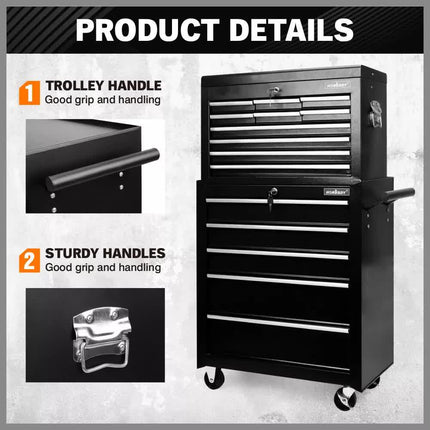 Black15 Drawer Tool Box Trolley Cabinet Storage Cart Garage Toolbox Organiser.