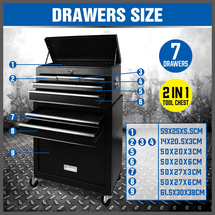 7 Drawer Tool Box Chest Cabinet Trolley Toolbox Garage Storage Lockable Blue.