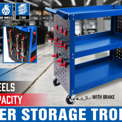 Blue 3-Tier Tool Cart Storage Trolley Toolbox Workshop Garage Organiser 150kg Blue.