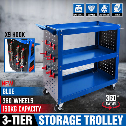 Blue 3-Tier Tool Cart Storage Trolley Toolbox Workshop Garage Organiser 150kg Blue.