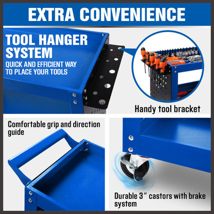Blue 3-Tier Tool Cart Storage Trolley Toolbox Workshop Garage Organiser 150kg Blue.