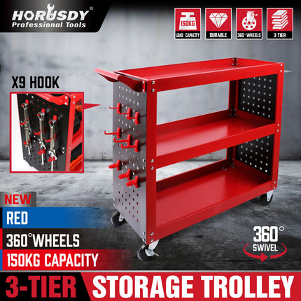 Red 3-Tier Tool Cart Storage Trolley Toolbox Workshop Garage Organiser 150kg Red.