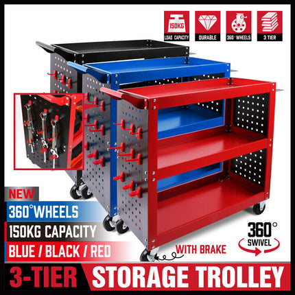 Red 3-Tier Tool Cart Storage Trolley Toolbox Workshop Garage Organiser 150kg Red.