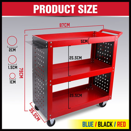 Red 3-Tier Tool Cart Storage Trolley Toolbox Workshop Garage Organiser 150kg Red.