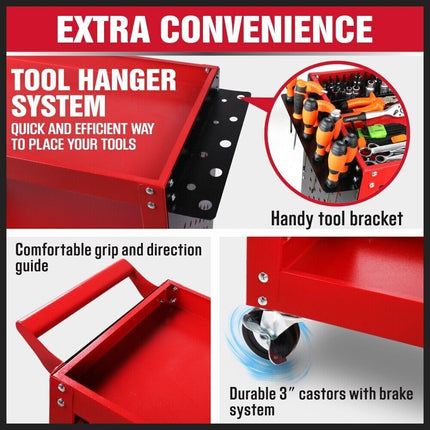 Red 3-Tier Tool Cart Storage Trolley Toolbox Workshop Garage Organiser 150kg Red.