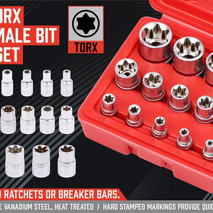 14Pc E Torx Socket Set Female Start Bit External Hex Torque E4-E24 With Case.