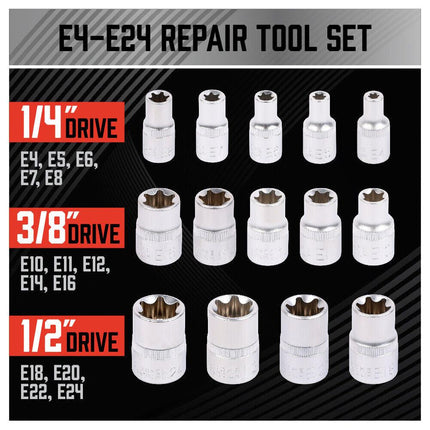 14Pc E Torx Socket Set Female Start Bit External Hex Torque E4-E24 With Case.