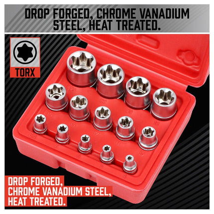 14Pc E Torx Socket Set Female Start Bit External Hex Torque E4-E24 With Case.