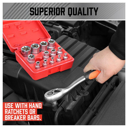 14Pc E Torx Socket Set Female Start Bit External Hex Torque E4-E24 With Case.