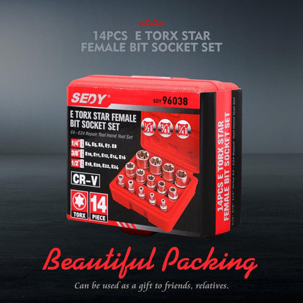 14Pc E Torx Socket Set Female Start Bit External Hex Torque E4-E24 With Case.