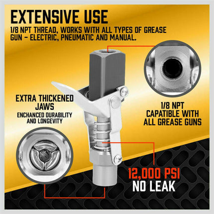Grease Gun Coupler Quick Release & Lock 1/8‘’ NPT Rated 10,000 PSI Storage Case.