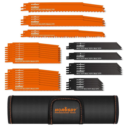 34-Piece Reciprocating Saw Blade Set Wood and Metal Cutting Blades with Storage Pouch.