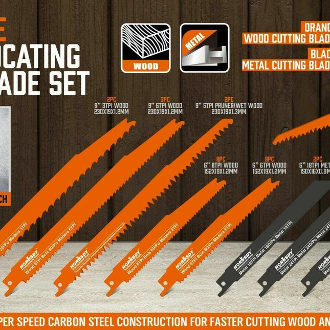 34-Piece Reciprocating Saw Blade Set Wood and Metal Cutting Blades with Storage Pouch.