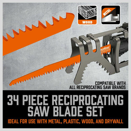 34-Piece Reciprocating Saw Blade Set Wood and Metal Cutting Blades with Storage Pouch.