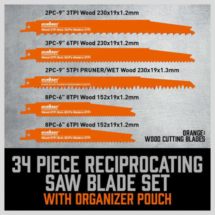 34-Piece Reciprocating Saw Blade Set Wood and Metal Cutting Blades with Storage Pouch.