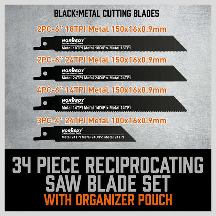 34-Piece Reciprocating Saw Blade Set Wood and Metal Cutting Blades with Storage Pouch.