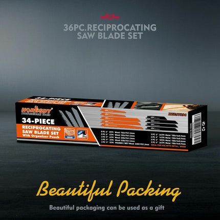 34-Piece Reciprocating Saw Blade Set Wood and Metal Cutting Blades with Storage Pouch.