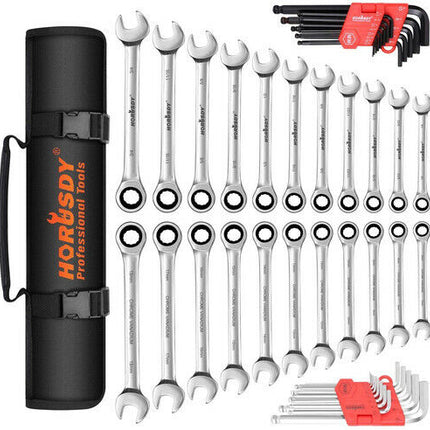 48Pc Spanner Set Ratchet Wrench & Hex Key Metric SAE Allen Key W/T Rolling Pouch.