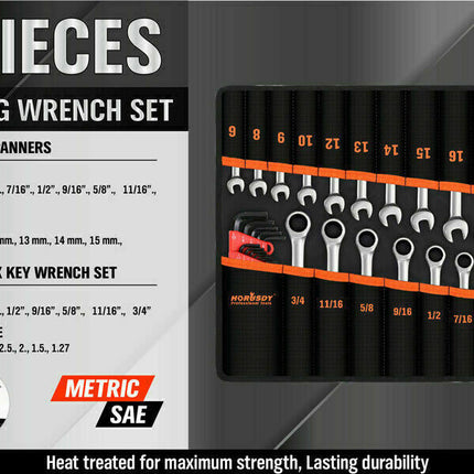 48Pc Spanner Set Ratchet Wrench & Hex Key Metric SAE Allen Key W/T Rolling Pouch.