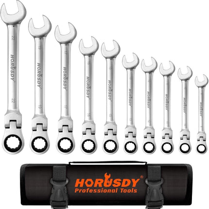 10Pc Flexible Head Ratchet Spanner Set Metric Wrench CRV With Carry Pouch 8-22MM.