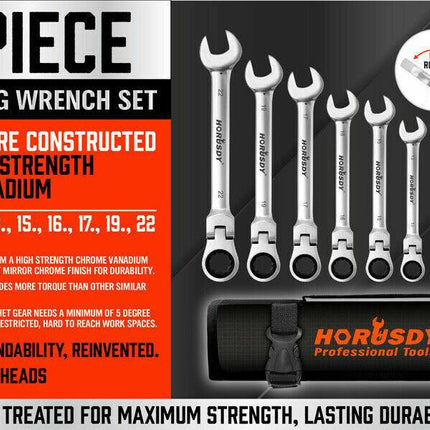 10Pc Flexible Head Ratchet Spanner Set Metric Wrench CRV With Carry Pouch 8-22MM.