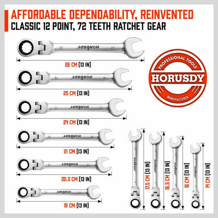 10Pc Flexible Head Ratchet Spanner Set Metric Wrench CRV With Carry Pouch 8-22MM.