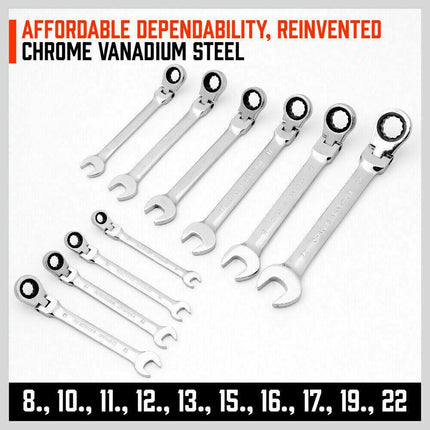 10Pc Flexible Head Ratchet Spanner Set Metric Wrench CRV With Carry Pouch 8-22MM.