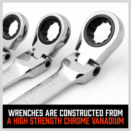 10Pc Flexible Head Ratchet Spanner Set Metric Wrench CRV With Carry Pouch 8-22MM.